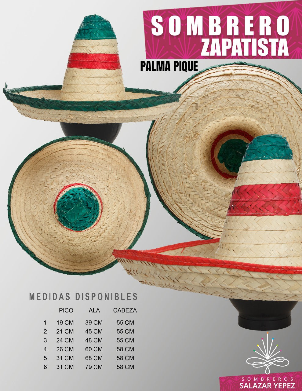 Sombrero de palma natural tricolor estilo zapatista,