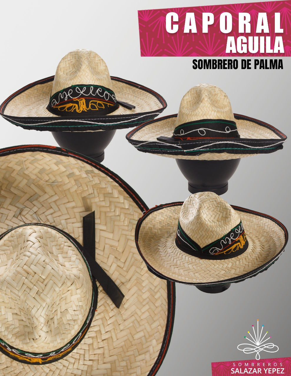 Sombrero de palma natural estilo caporal con aplicación de águilas.